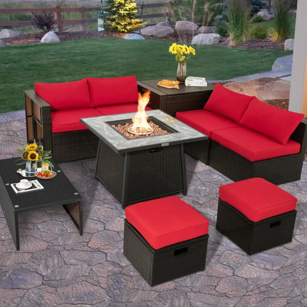 Tangkula 9 Pieces Outdoor Patio Furniture Set with 35-Inch Propane Fire Pit Table