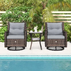 Tangkula 3 Pieces Outdoor Swivel Rocker Set, Rattan Wicker Patio Rocking Cushioned Chairs Set of 2 with Small Side Table