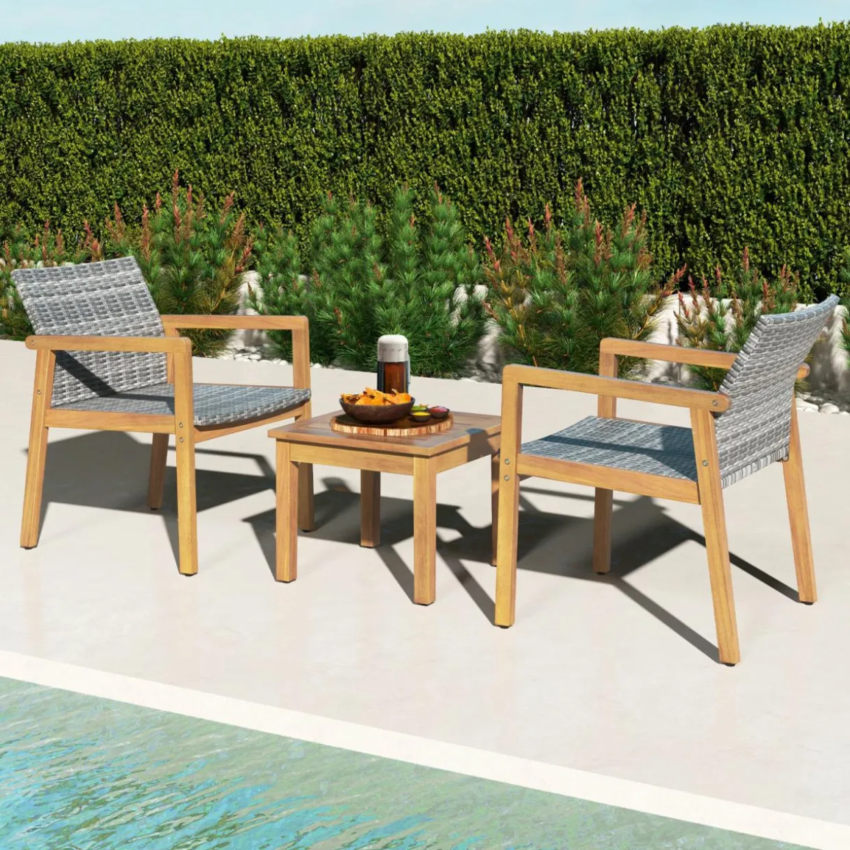 Tangkula 3 Pieces Outdoor Furniture Set, Acacia Wood Frame Sofa Set w/Rattan Seat & Back