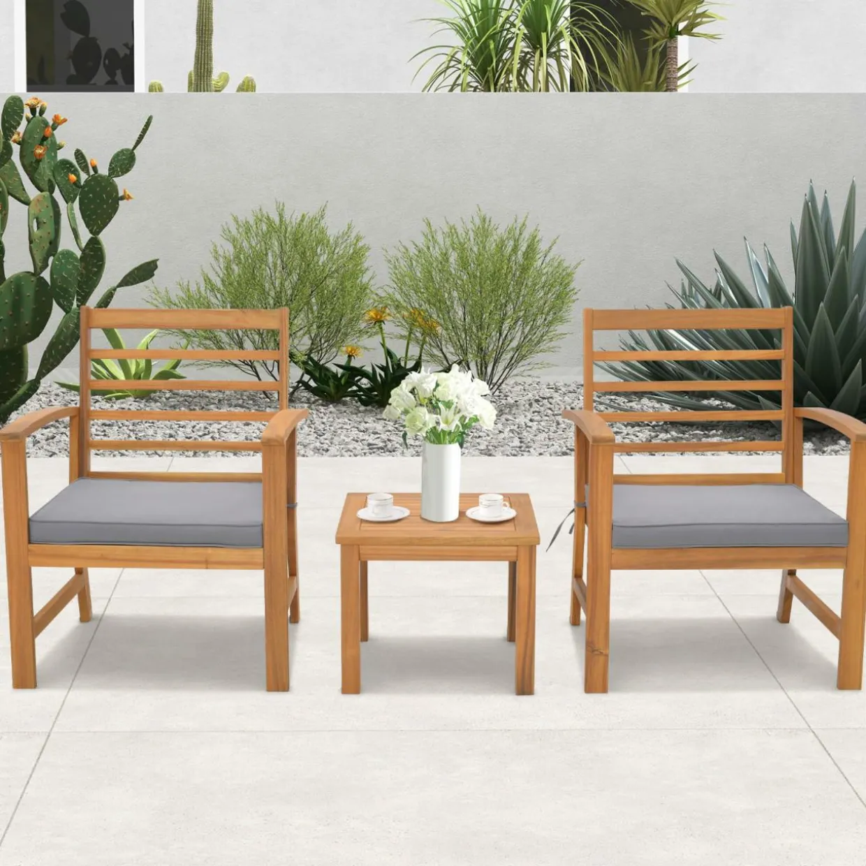 Tangkula 3 Pieces Outdoor Furniture Set, Acacia Wood Conversation Set with Soft Seat Cushions