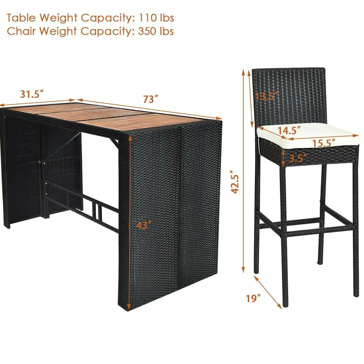 Tangkula 7 Pieces Outdoor Wicker Bar Set, Rattan Dining Set