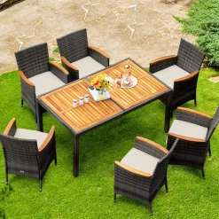 Tangkula 7 Pieces Outdoor Dining Furniture Set, Patio Rattan Conversation Set with Spacious Acacia Wood Table, 6 Chairs with Widened Armrests