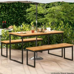 Tangkula 3 Pieces Outdoor Dining Set for 6 People, 55 inch Rectangle Patio Table & 2 Benches with Acacia Wood Tabletop