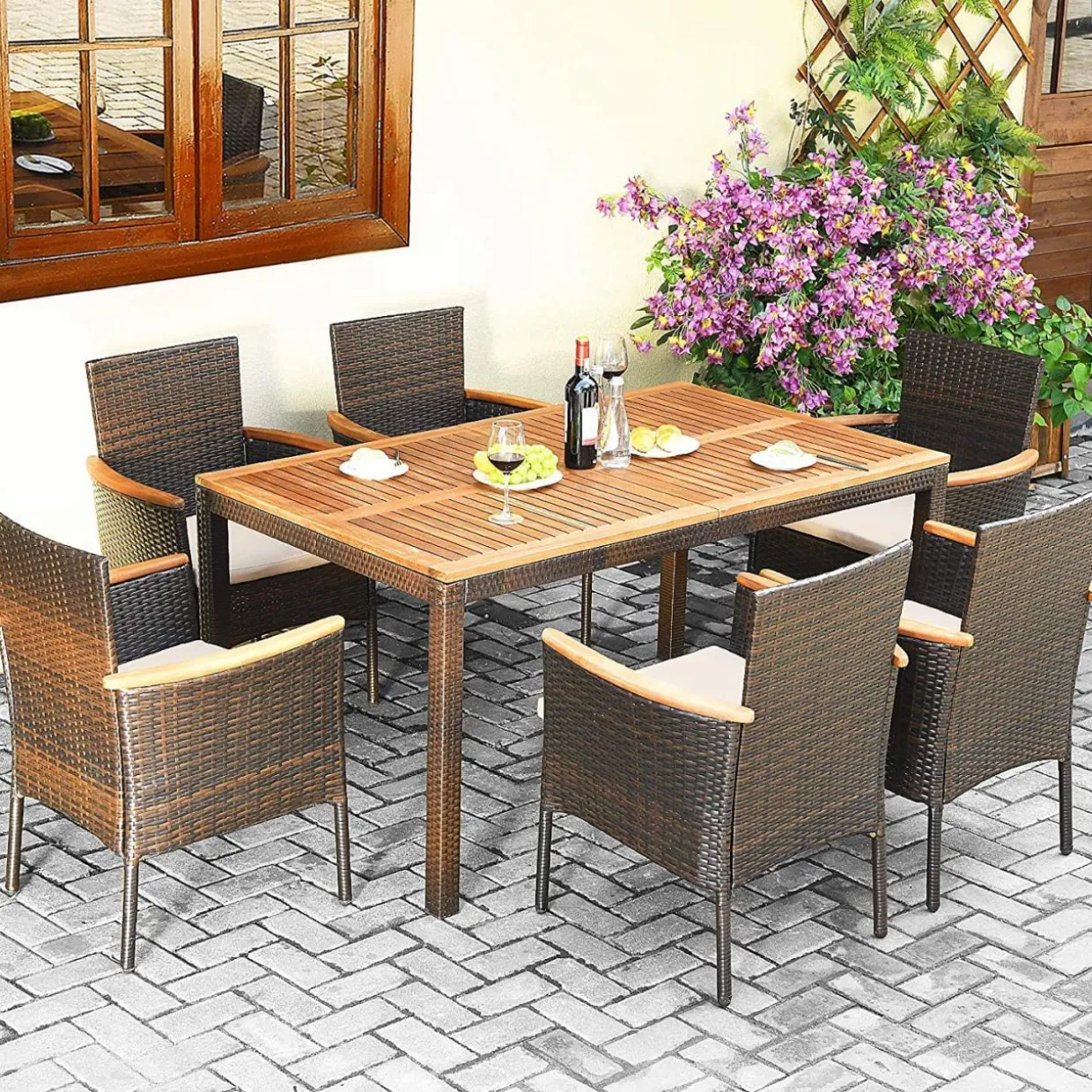 Tangkula 7 Pieces Outdoor Dining Set, Patiojoy Wicker Conversation Set