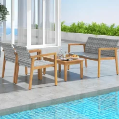 Tangkula 4 Pieces Outdoor Furniture Set, Acacia Wood Frame Sofa Set w/Rattan Seat & Back