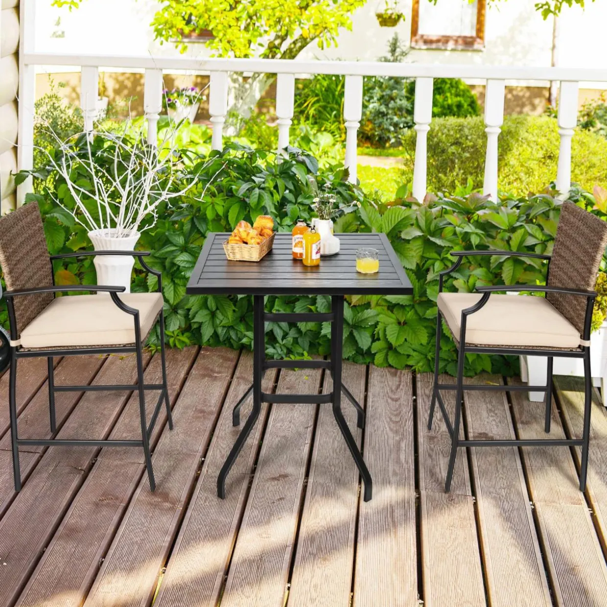 Tangkula 5 Pieces Outdoor Patio Bar Set, Rattan Bistro Set W/ 4 Wicker Bar Stools & 1 Bar Table