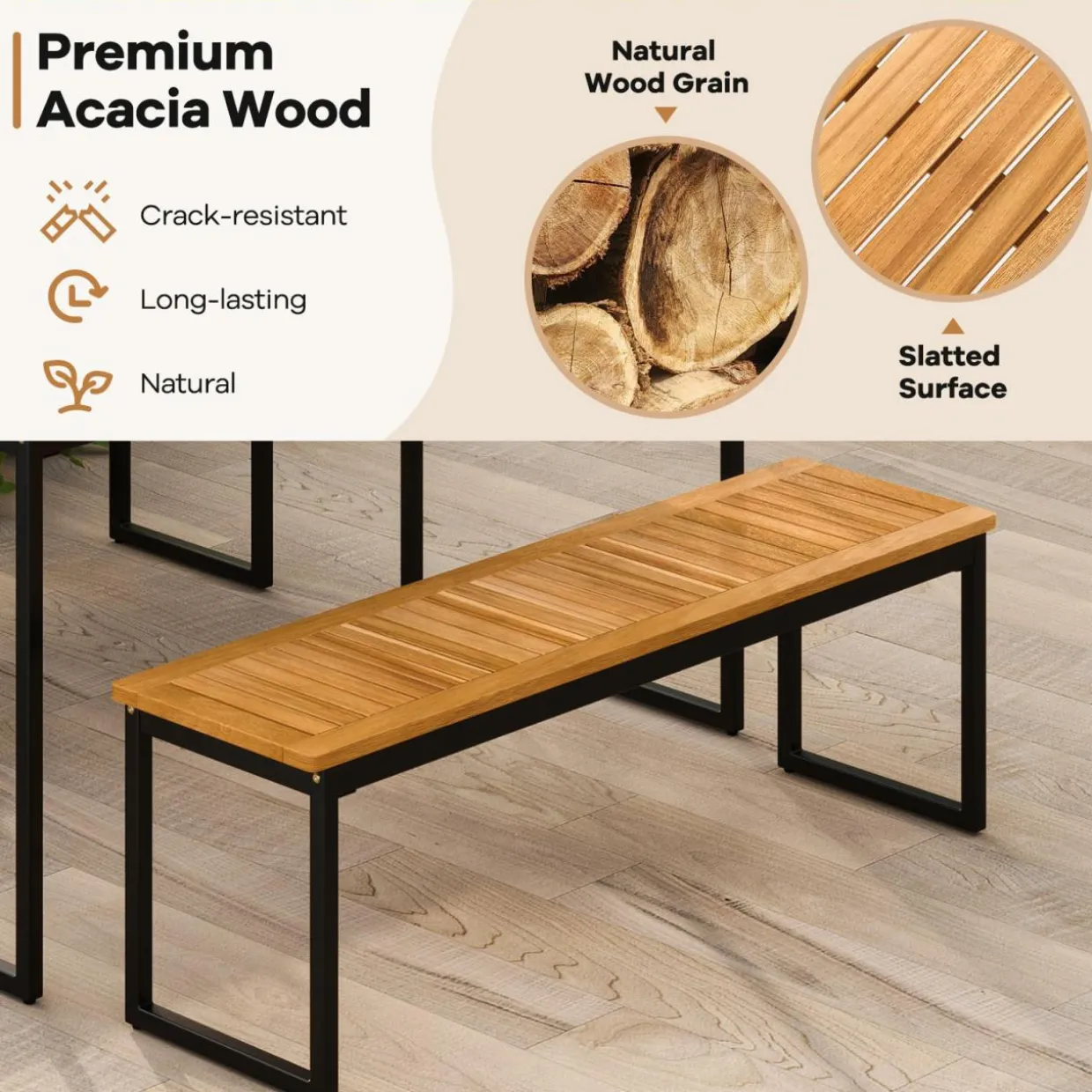 Tangkula 6 Pieces Outdoor Acacia Wood Dining Set, Patio Table and Chairs Set with Bench for 6-7 People