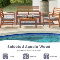 Tangkula 4 Pieces Outdoor Furniture Set, Acacia Wood Conversation Set w/Soft Seat Cushions