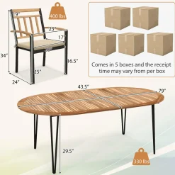 Tangkula 9 Pieces Outdoor Dining Set, Patio Furniture Set with Acacia Wood Top & Umbrella Hole, Metal Frame