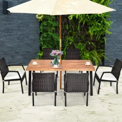 Tangkula 7 Pieces Outdoor Dining Set, Acacia Wood Patio Dining Table w/ 6 Cushioned Rattan Armrest Chairs