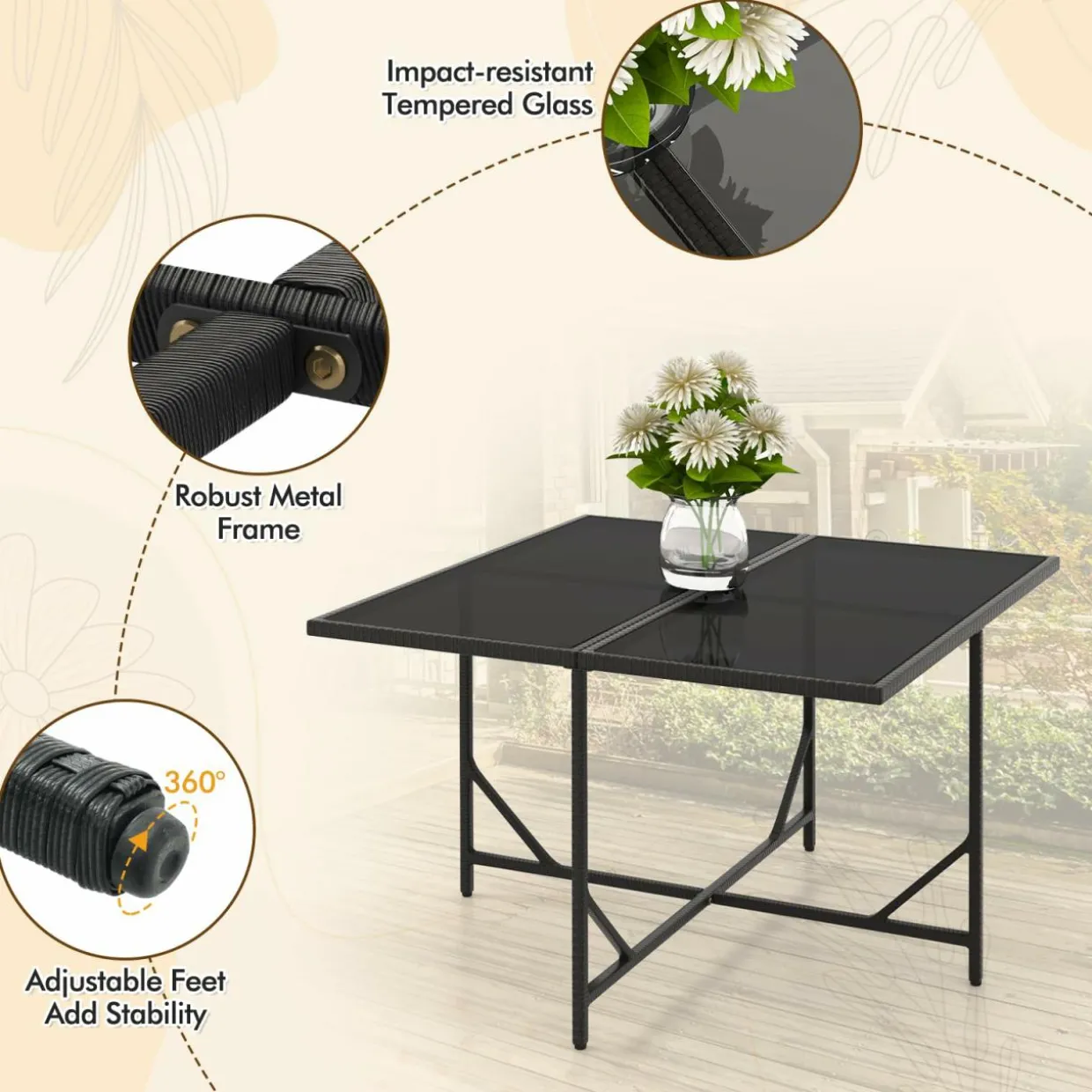 Tangkula 9 Pieces Outdoor Dining Furniture Set, Space-Saving Wicker Rattan Chairs & Tempered Glass Table with Ottomans