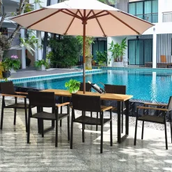 Tangkula 7 Pieces Outdoor Patio Dining Set, Patiojoy Outdoor Conversation Set, Includes Large Acacia Wood Top Table