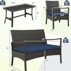 Tangkula 4 Pieces Outdoor Conversation Set, Patio PE Wicker Sofa with Tempered Glass Coffee Table