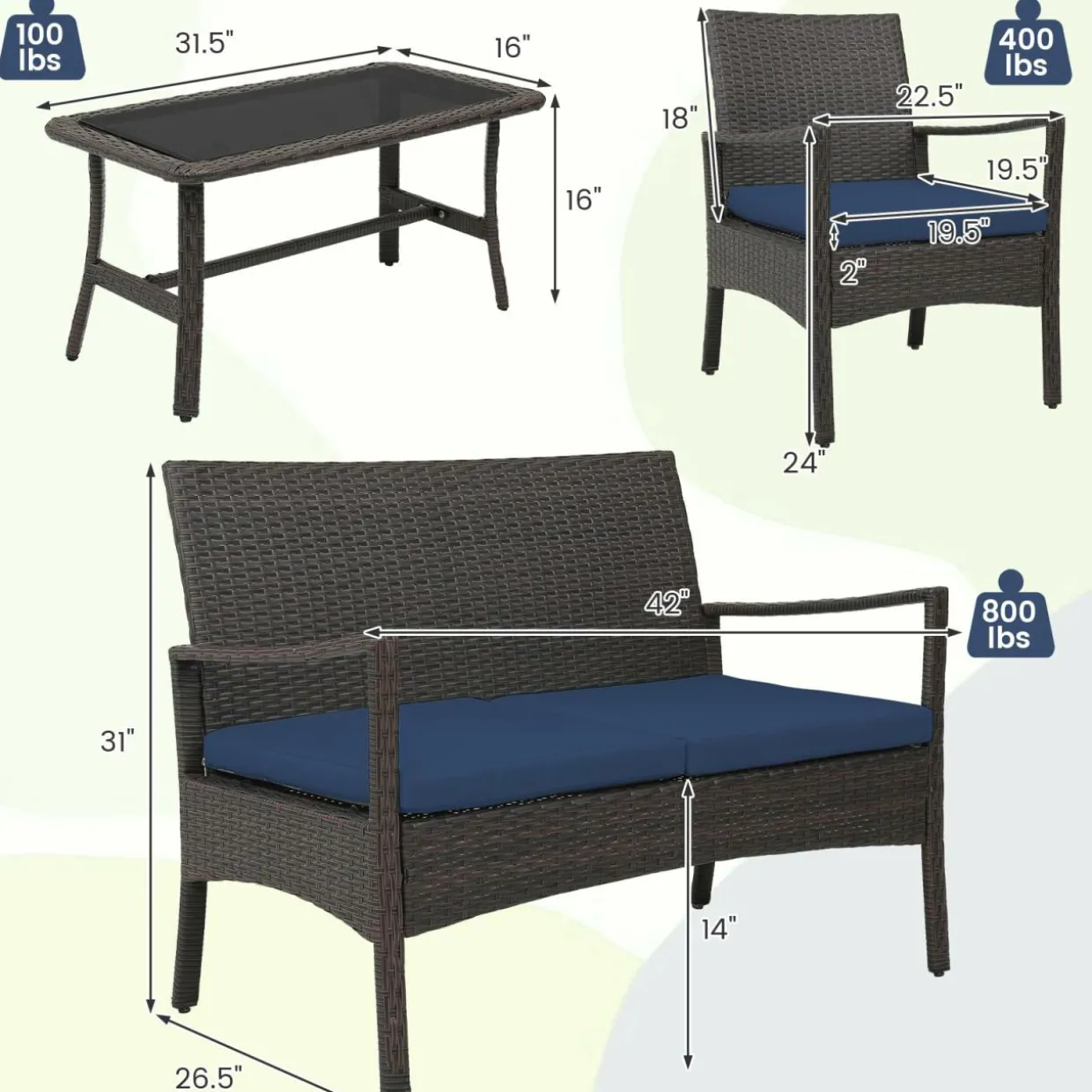 Tangkula 4 Pieces Outdoor Conversation Set, Patio PE Wicker Sofa with Tempered Glass Coffee Table