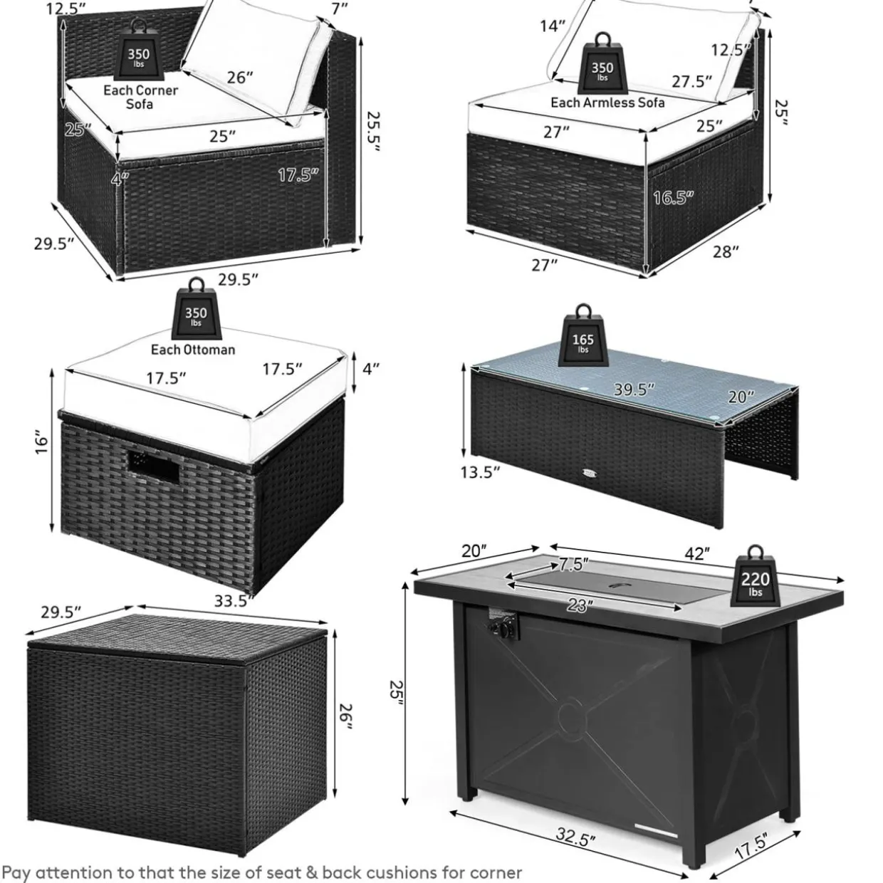 Tangkula 9 Pieces Outdoor Wicker Sectional Sofa with 42" 60,000 BTU Gas Fire Pit Table