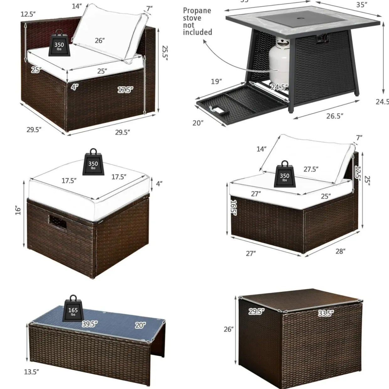 Tangkula 9 Pieces Outdoor Patio Furniture Set with 35-Inch Propane Fire Pit Table