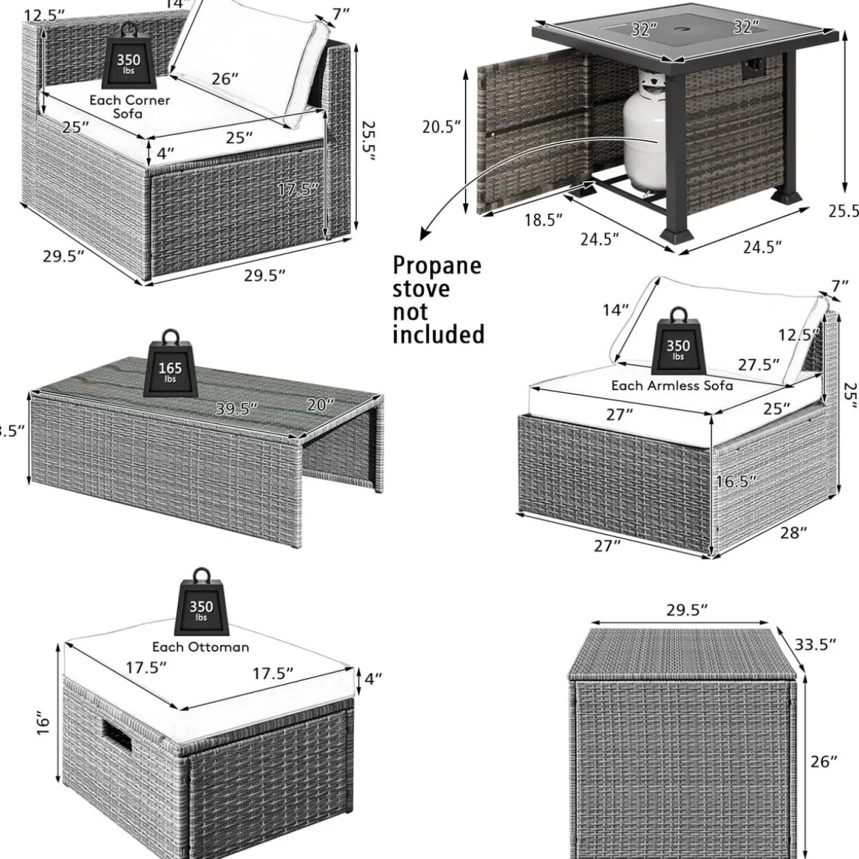 Tangkula 9 Pieces Outdoor Patio Furniture Set with 32-Inch Propane Fire Pit Table