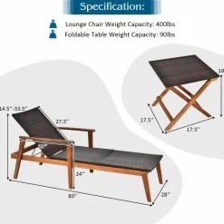 Tangkula 3 Pieces Outdoor Chaise Set, Wicker Rattan Lounge Chair w/Acacia Wood Frame & 4 Adjustable Positions