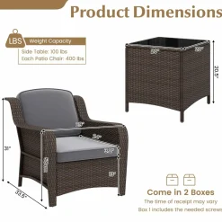 Tangkula 3 Pieces Outdoor Patio Furniture Set, Patiojoy PE Rattan Wicker Chairs with Cushions and Tempered Glass Coffee Table