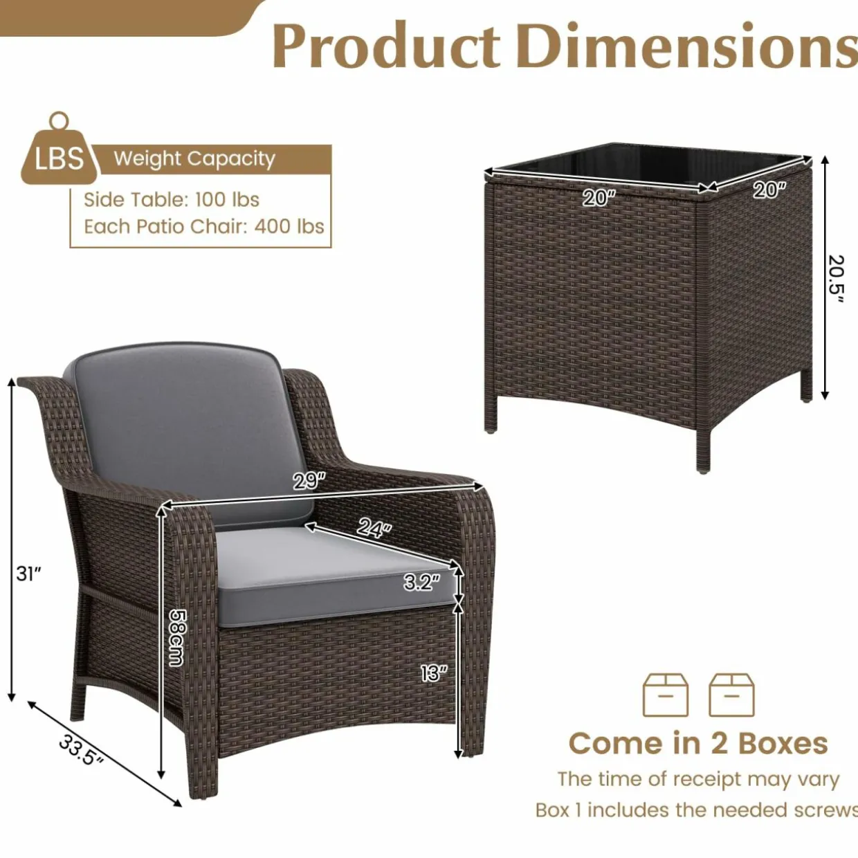 Tangkula 3 Pieces Outdoor Patio Furniture Set, Patiojoy PE Rattan Wicker Chairs with Cushions and Tempered Glass Coffee Table