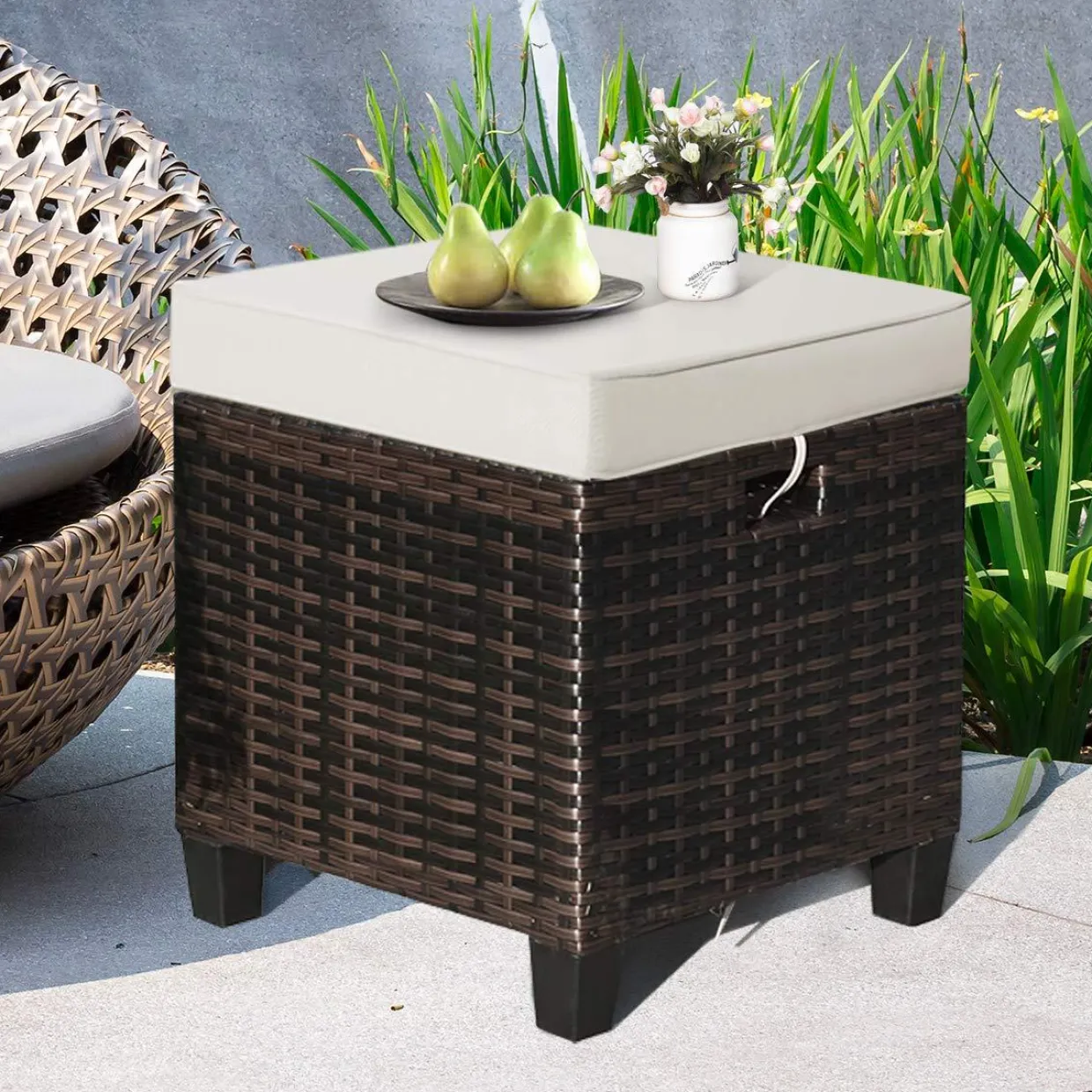 Tangkula 2 Pieces Outdoor Patio Ottoman, All Weather Rattan Wicker Ottoman Seat