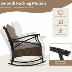 Tangkula 3 Pieces Outdoor Rocking Chairs Set, Rattan Heavy Duty Cushioned Rocker Chairs with 2-Tier Tempered Glass Coffee Table