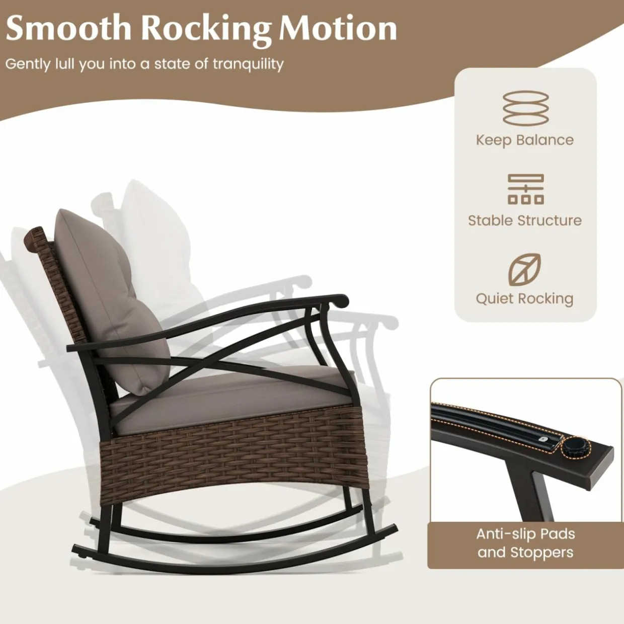 Tangkula 3 Pieces Outdoor Rocking Chairs Set, Rattan Heavy Duty Cushioned Rocker Chairs with 2-Tier Tempered Glass Coffee Table