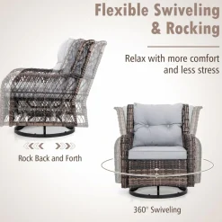 Tangkula 3 Pieces Outdoor Swivel Rocker Set, Rattan Wicker Patio Rocking Cushioned Chairs Set of 2 with Small Side Table