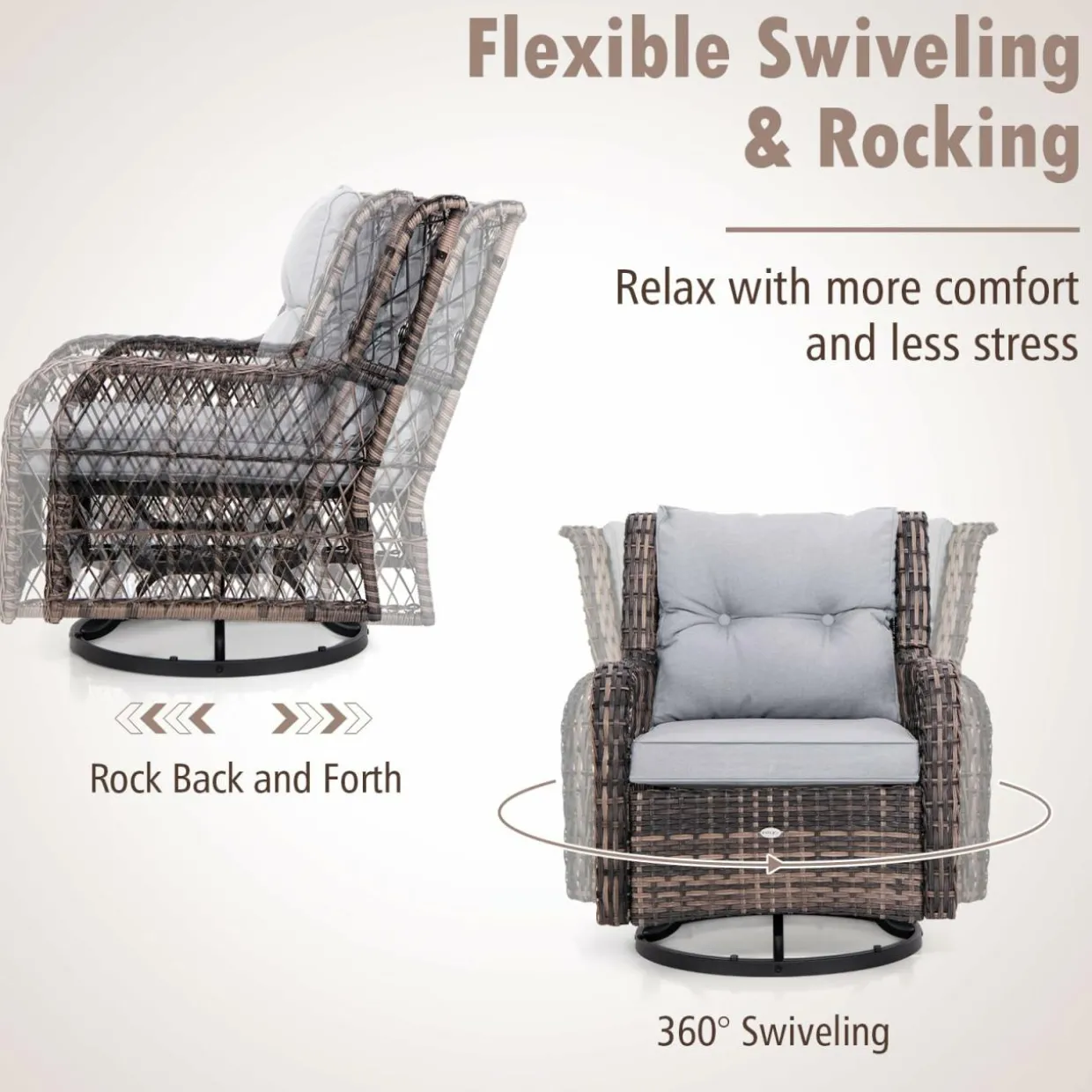 Tangkula 3 Pieces Outdoor Swivel Rocker Set, Rattan Wicker Patio Rocking Cushioned Chairs Set of 2 with Small Side Table
