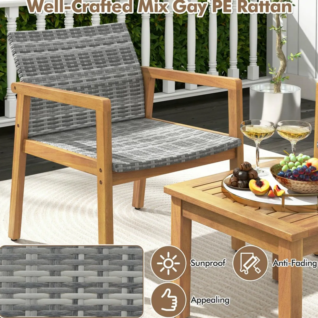 Tangkula 3 Pieces Outdoor Furniture Set, Acacia Wood Frame Sofa Set w/Rattan Seat & Back