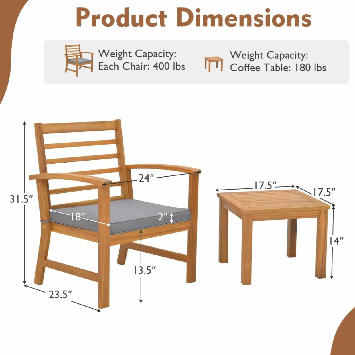 Tangkula 3 Pieces Outdoor Furniture Set, Acacia Wood Conversation Set with Soft Seat Cushions