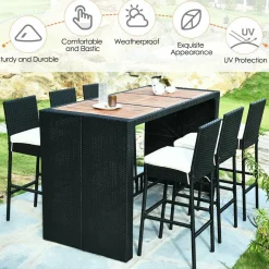 Tangkula 7 Pieces Outdoor Wicker Bar Set, Rattan Dining Set