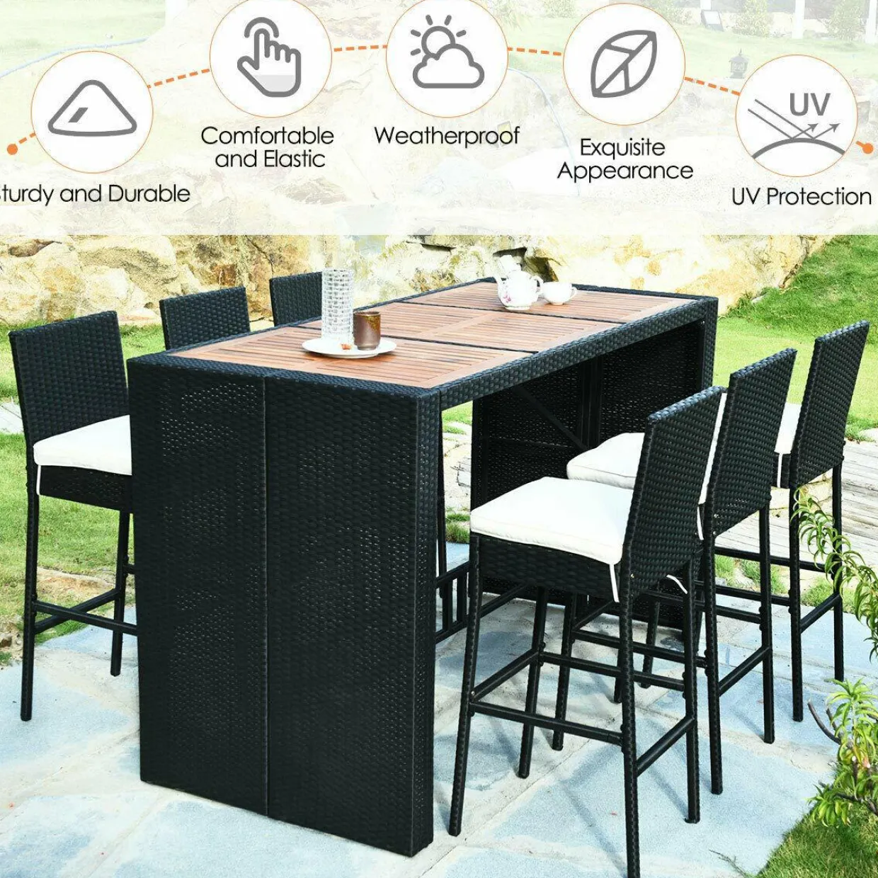 Tangkula 7 Pieces Outdoor Wicker Bar Set, Rattan Dining Set
