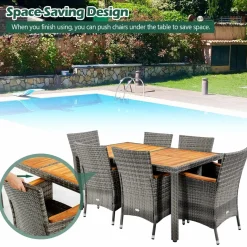 Tangkula 7 Pieces Outdoor Dining Furniture Set, Patio Rattan Conversation Set with Spacious Acacia Wood Table, 6 Chairs with Widened Armrests