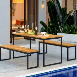 Tangkula 3 Pieces Outdoor Dining Set for 6 People, 55 inch Rectangle Patio Table & 2 Benches with Acacia Wood Tabletop