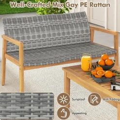 Tangkula 4 Pieces Outdoor Furniture Set, Acacia Wood Frame Sofa Set w/Rattan Seat & Back