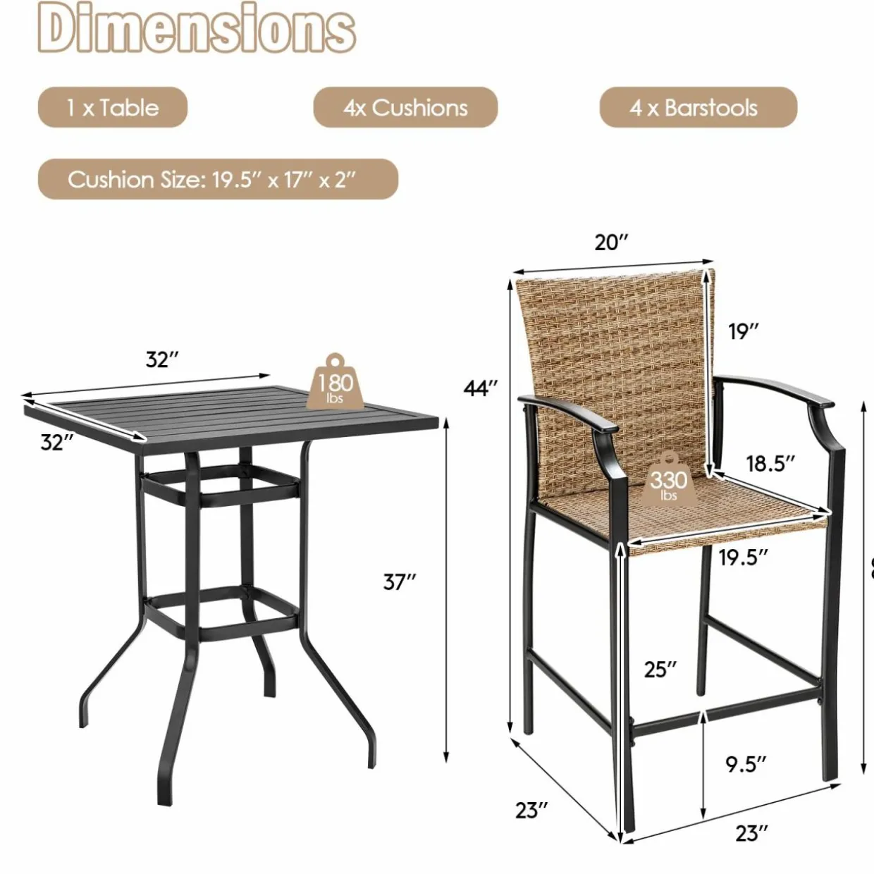 Tangkula 5 Pieces Outdoor Patio Bar Set, Rattan Bistro Set W/ 4 Wicker Bar Stools & 1 Bar Table