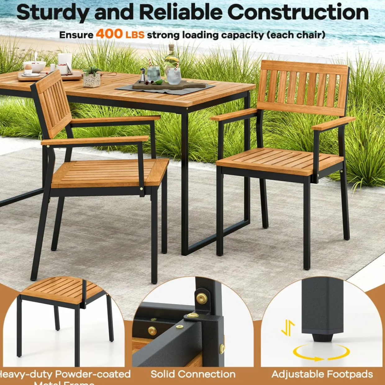Tangkula 6 Pieces Outdoor Acacia Wood Dining Set, Patio Table and Chairs Set with Bench for 6-7 People