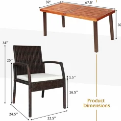Tangkula 7 Pieces Outdoor Dining Set, Acacia Wood Patio Dining Table w/ 6 Cushioned Rattan Armrest Chairs