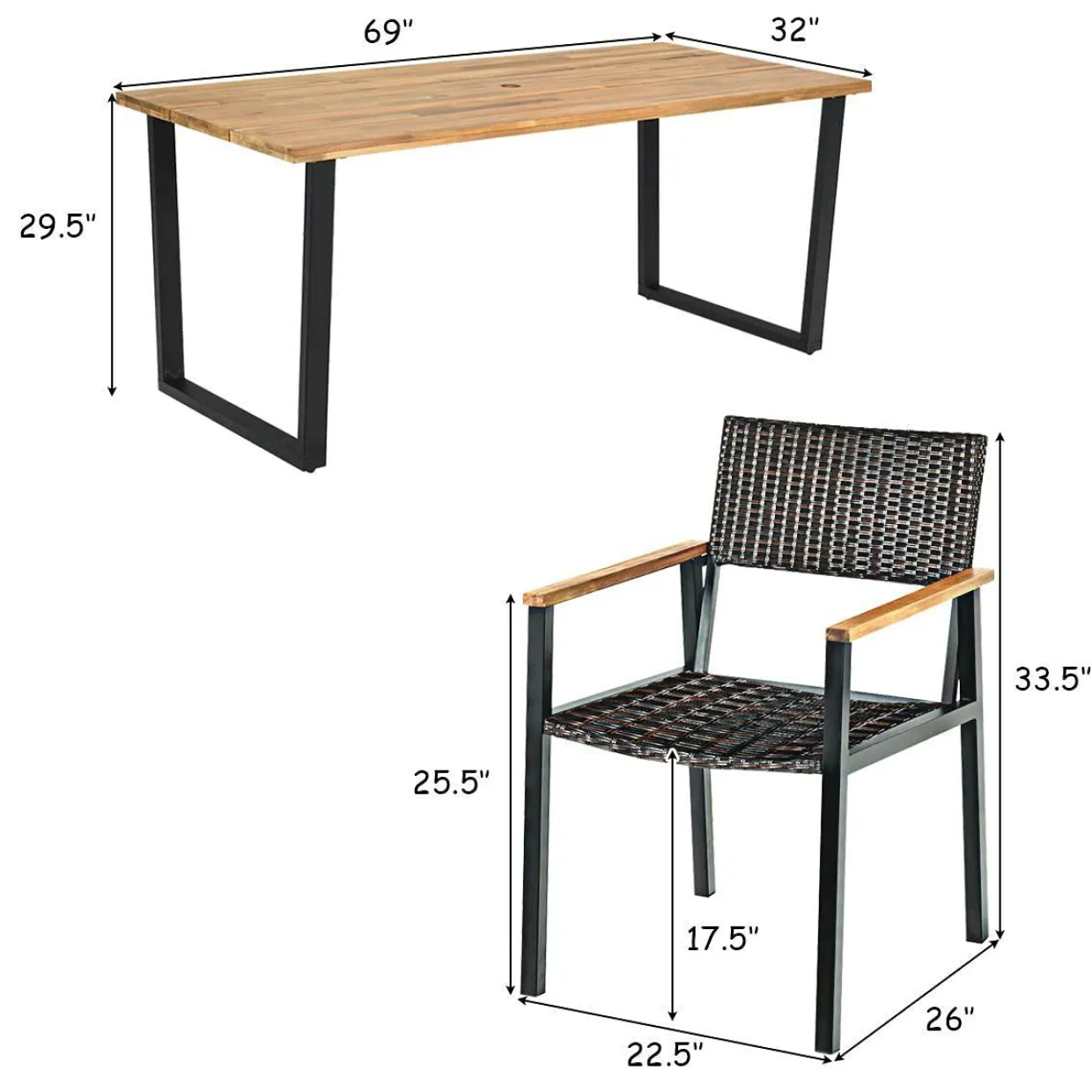 Tangkula 7 Pieces Outdoor Patio Dining Set, Patiojoy Outdoor Conversation Set, Includes Large Acacia Wood Top Table