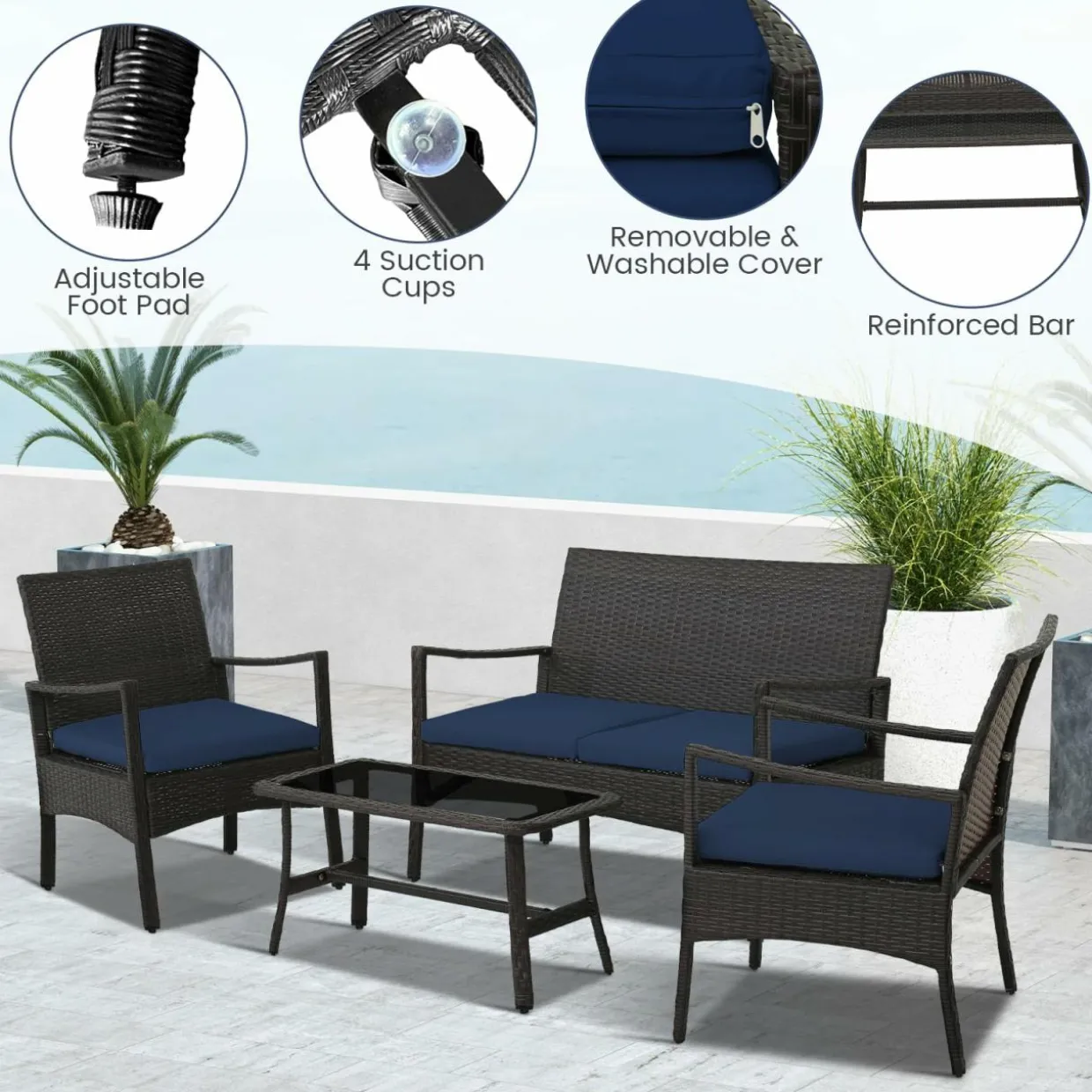 Tangkula 4 Pieces Outdoor Conversation Set, Patio PE Wicker Sofa with Tempered Glass Coffee Table