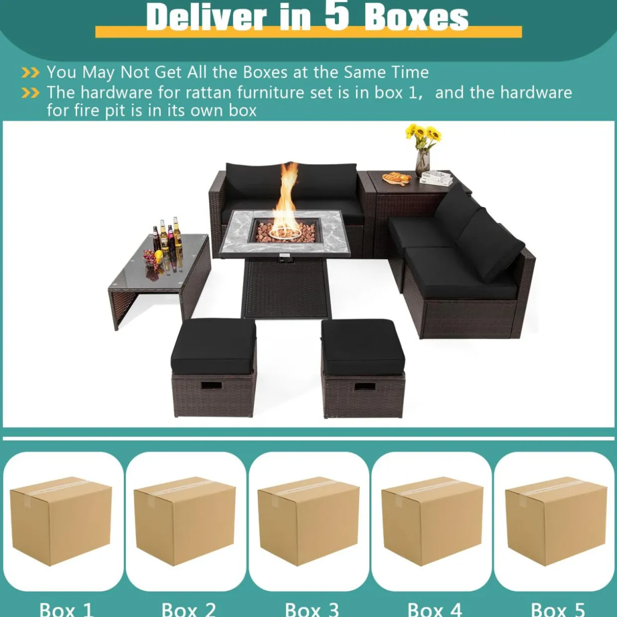 Tangkula 9 Pieces Outdoor Patio Furniture Set with 35-Inch Propane Fire Pit Table