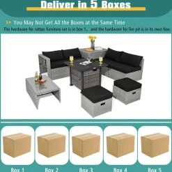 Tangkula 9 Pieces Outdoor Patio Furniture Set with 32-Inch Propane Fire Pit Table