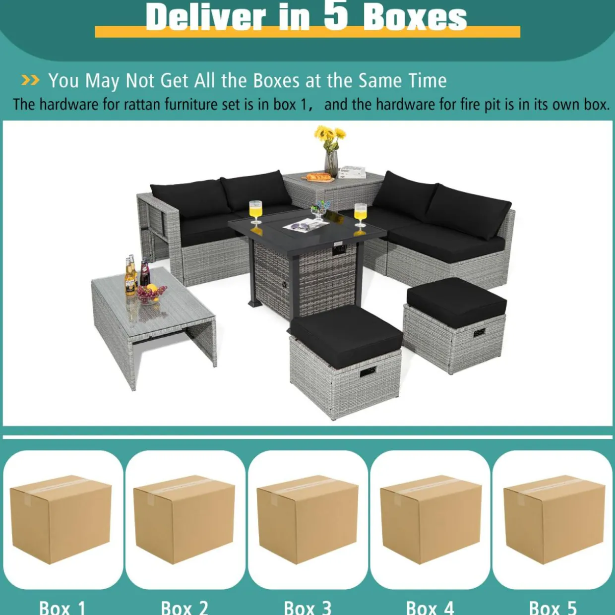 Tangkula 9 Pieces Outdoor Patio Furniture Set with 32-Inch Propane Fire Pit Table