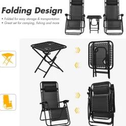 Tangkula 3 Pieces Outdoor Zero Gravity Chair Set, Folding Reclining Lounge Chair with Adjustable Backrest