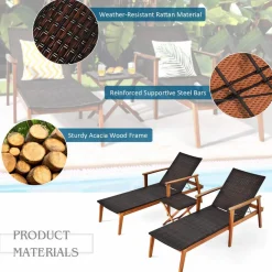Tangkula 3 Pieces Outdoor Chaise Set, Wicker Rattan Lounge Chair w/Acacia Wood Frame & 4 Adjustable Positions