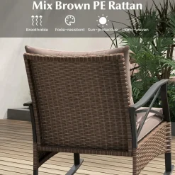Tangkula 3 Pieces Outdoor Rocking Chairs Set, Rattan Heavy Duty Cushioned Rocker Chairs with 2-Tier Tempered Glass Coffee Table
