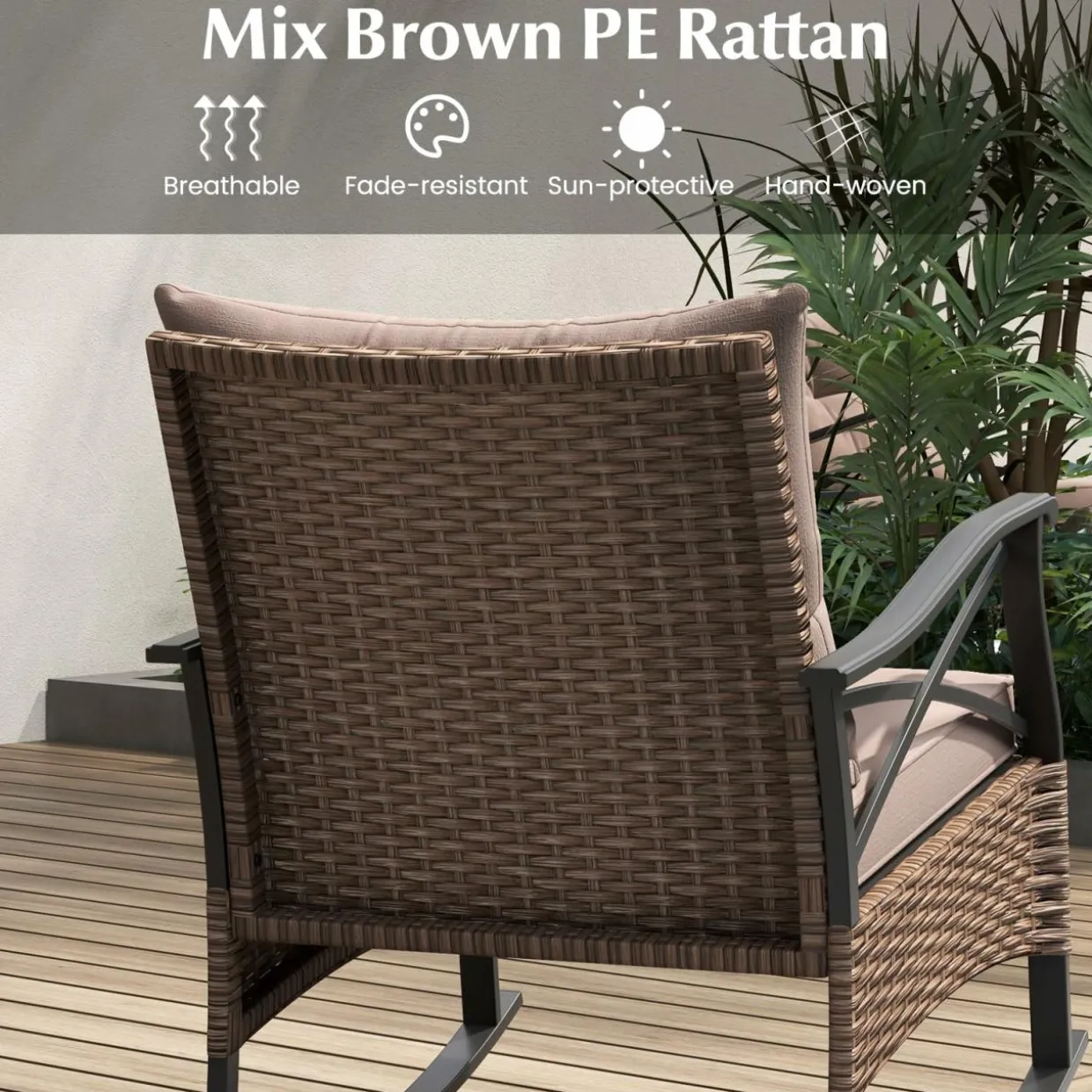 Tangkula 3 Pieces Outdoor Rocking Chairs Set, Rattan Heavy Duty Cushioned Rocker Chairs with 2-Tier Tempered Glass Coffee Table