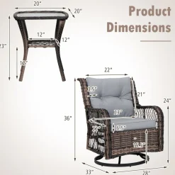 Tangkula 3 Pieces Outdoor Swivel Rocker Set, Rattan Wicker Patio Rocking Cushioned Chairs Set of 2 with Small Side Table