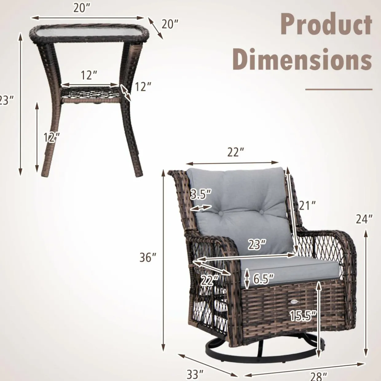 Tangkula 3 Pieces Outdoor Swivel Rocker Set, Rattan Wicker Patio Rocking Cushioned Chairs Set of 2 with Small Side Table